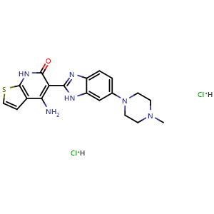 Chemical structure of Thieno[2,3-b]pyridin-6(7H)-one, 4-amino-5-[6-(4-methyl-1-piperazinyl)-1H-benzimidazol-2-yl]-, hydrochloride (1:2) , CAS 2375595-72-3, AChemBlock V153246