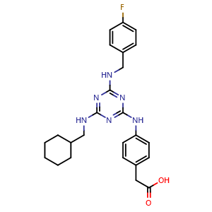 Chemical structure of 2-(4-((4-((cyclohexylmethyl)amino)-6-((4-fluorobenzyl)amino)-1,3,5-triazin-2-yl)amino)phenyl)acetic acid , CAS 2816914-33-5, AChemBlock V153305