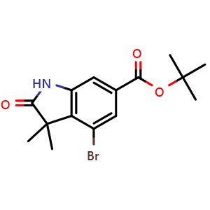 Chemical structure of tert-butyl 4-bromo-3,3-dimethyl-2-oxo-indoline-6-carboxylate , CAS 2708281-97-2, AChemBlock V153364