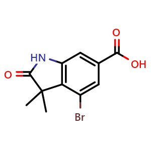 Chemical structure of 4-bromo-3,3-dimethyl-2-oxo-indoline-6-carboxylic acid , CAS 2606946-42-1, AChemBlock V153365