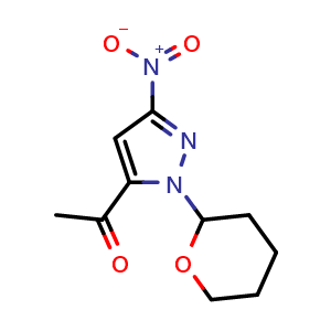 Chemical structure of 1-(3-nitro-1-(tetrahydro-2H-pyran-2-yl)-1H-pyrazol-5-yl)ethan-1-one , CAS 2708292-32-2, AChemBlock V153370