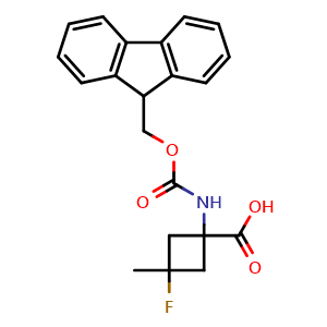 Chemical structure of 1-(9H-fluoren-9-ylmethoxycarbonylamino)-3-fluoro-3-methyl-cyclobutanecarboxylic acid , CAS 2920427-25-2, AChemBlock V153489