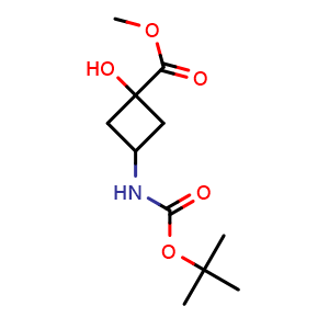 Chemical structure of methyl 3-(tert-butoxycarbonylamino)-1-hydroxy-cyclobutanecarboxylate , CAS 2920404-70-0, AChemBlock V153540