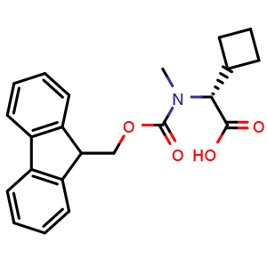 Chemical structure of (2R)-2-cyclobutyl-2-[9H-fluoren-9-ylmethoxycarbonyl(methyl)amino]acetic acid , CAS 2940870-96-0, AChemBlock V153552