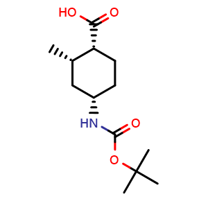 Chemical structure of rel-(1S,2R,4R)-4-(tert-butoxycarbonylamino)-2-methyl-cyclohexanecarboxylic acid , CAS 2306246-63-7, AChemBlock V153556