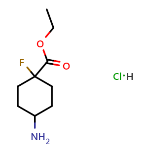 Chemical structure of ethyl 4-amino-1-fluoro-cyclohexanecarboxylate hydrochloride , CAS 2682114-35-6, AChemBlock V153559
