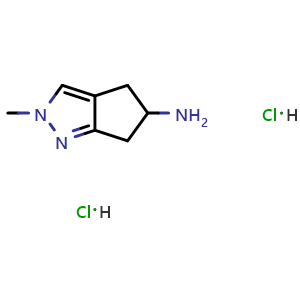 Chemical structure of 2-methyl-5,6-dihydro-4H-cyclopenta[c]pyrazol-5-amine dihydrochloride , CAS 2802202-55-5, AChemBlock V153642