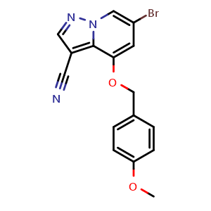 Chemical structure of 6-bromo-4-[(4-methoxyphenyl)methoxy]pyrazolo[1,5-a]pyridine-3-carbonitrile , CAS 2649420-28-8, AChemBlock V153678