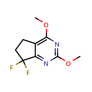 Chemical structure of 7,7-difluoro-2,4-dimethoxy-5,6-dihydrocyclopenta[d]pyrimidine , CAS 2659313-32-1, AChemBlock V153715