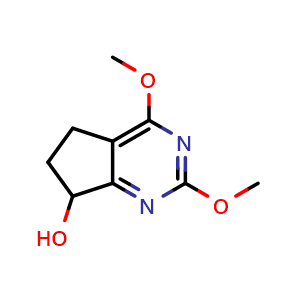 Chemical structure of 2,4-dimethoxy-6,7-dihydro-5H-cyclopenta[d]pyrimidin-7-ol , CAS 2659313-30-9, AChemBlock V153717