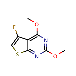 Chemical structure of 5-fluoro-2,4-dimethoxy-thieno[2,3-d]pyrimidine , CAS 2659313-24-1, AChemBlock V153722