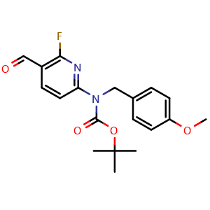 Chemical structure of tert-butyl N-(6-fluoro-5-formyl-2-pyridyl)-N-[(4-methoxyphenyl)methyl]carbamate , CAS 1196662-25-5, AChemBlock V153736