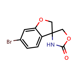 Chemical structure of 6-bromospiro[2H-benzofuran-3,4'-oxazolidine]-2'-one , CAS 2407719-41-7, AChemBlock V153757