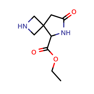 Chemical structure of ethyl 7-oxo-2,6-diazaspiro[3.4]octane-5-carboxylate , CAS 2287260-07-3, AChemBlock V153796