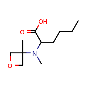 Chemical structure of 2-[(3-methyloxetan-3-yl)methylamino]hexanoic acid , AChemBlock V153884