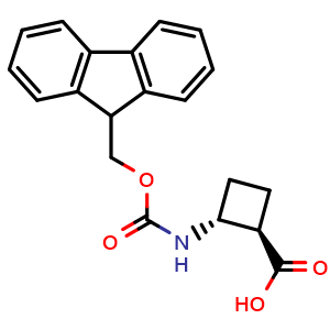 Chemical structure of (1R,2R)-2-(9H-fluoren-9-ylmethoxycarbonylamino)cyclobutanecarboxylic acid , CAS 2580094-10-4, AChemBlock V153932
