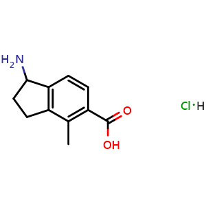 Chemical structure of 1-amino-4-methyl-indane-5-carboxylic acid hydrochloride , CAS 2708280-48-0, AChemBlock V153937