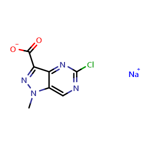 Chemical structure of 5-chloro-1-methyl-pyrazolo[4,3-d]pyrimidine-3-carboxylic acid sodium salt , CAS 2805078-72-0, AChemBlock V153944