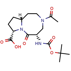 Chemical structure of (5S,8S,10aR)-3-acetyl-5-(tert-butoxycarbonylamino)-6-oxo-1,2,4,5,8,9,10,10a-octahydropyrrolo[1,2-a][1,5]diazocine-8-carboxylic acid , CAS 2497590-06-2, AChemBlock V153945