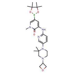 Chemical structure of 3-[[5-[2,2-dimethyl-4-(oxetan-3-yl)piperazin-1-yl]-2-pyridyl]amino]-1-methyl-5-(4,4,5,5-tetramethyl-1,3,2-dioxaborolan-2-yl)pyridin-2-one , CAS 2696453-81-1, AChemBlock V153954