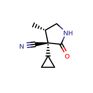 Chemical structure of (3R,4S)-3-cyclopropyl-4-methyl-2-oxo-pyrrolidine-3-carbonitrile , CAS 2891580-95-1, AChemBlock V153956