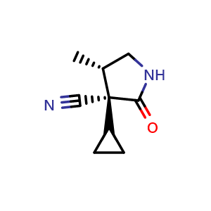 Chemical structure of (3S,4S)-3-cyclopropyl-4-methyl-2-oxo-pyrrolidine-3-carbonitrile , CAS 2891581-14-7, AChemBlock V153957