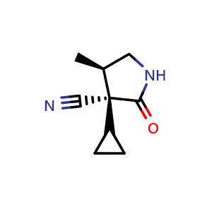 Chemical structure of (3S,4R)-3-cyclopropyl-4-methyl-2-oxo-pyrrolidine-3-carbonitrile , CAS 2891580-28-0, AChemBlock V153958