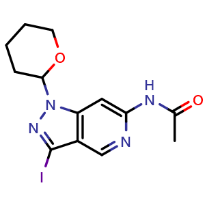 Chemical structure of N-(3-iodo-1-tetrahydropyran-2-yl-pyrazolo[4,3-c]pyridin-6-yl)acetamide , CAS 2807224-85-5, AChemBlock V153960