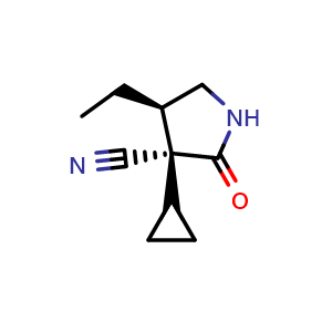 Chemical structure of (3S,4R)-3-cyclopropyl-4-ethyl-2-oxo-pyrrolidine-3-carbonitrile , CAS 2891580-94-0, AChemBlock V153961