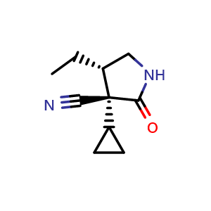 Chemical structure of (3R,4S)-3-cyclopropyl-4-ethyl-2-oxo-pyrrolidine-3-carbonitrile , CAS 2816818-16-1, AChemBlock V153962
