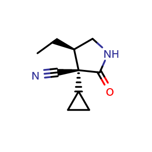 Chemical structure of (3R,4R)-3-cyclopropyl-4-ethyl-2-oxo-pyrrolidine-3-carbonitrile , CAS 2891581-43-2, AChemBlock V153964