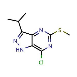 Chemical structure of 7-chloro-3-isopropyl-5-methylsulfanyl-1H-pyrazolo[4,3-d]pyrimidine , CAS 1289139-31-6, AChemBlock V153978