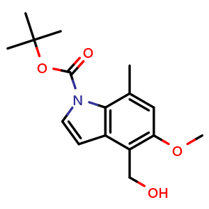 Chemical structure of tert-butyl 4-(hydroxymethyl)-5-methoxy-7-methyl-indole-1-carboxylate , CAS 1644667-10-6, AChemBlock V153984