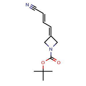 Chemical structure of tert-butyl 3-(3-cyanoprop-2-enylidene)azetidine-1-carboxylate , CAS 2891606-49-6, AChemBlock V154024