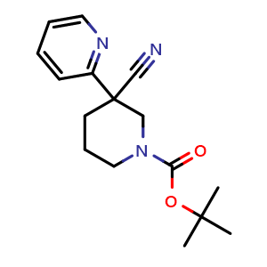 Chemical structure of tert-butyl 3-cyano-3-(2-pyridyl)piperidine-1-carboxylate , CAS 2680679-78-9, AChemBlock V154046