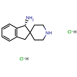 Chemical structure of (1R)-spiro[indane-2,4'-piperidine]-1-amine dihydrochloride , CAS 2497764-06-2, AChemBlock V154053