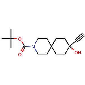Chemical structure of tert-butyl 9-ethynyl-9-hydroxy-3-azaspiro[5.5]undecane-3-carboxylate , CAS 2920414-42-0, AChemBlock V154065