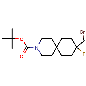 Chemical structure of tert-butyl 9-(bromomethyl)-9-fluoro-3-azaspiro[5.5]undecane-3-carboxylate , CAS 2920396-09-2, AChemBlock V154070