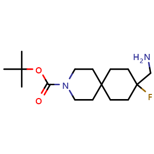Chemical structure of tert-butyl 9-(aminomethyl)-9-fluoro-3-azaspiro[5.5]undecane-3-carboxylate , CAS 2920391-63-3, AChemBlock V154073