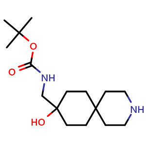 Chemical structure of tert-butyl N-[(9-hydroxy-3-azaspiro[5.5]undecan-9-yl)methyl]carbamate , CAS 2920403-65-0, AChemBlock V154079