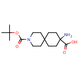 Chemical structure of 9-amino-3-tert-butoxycarbonyl-3-azaspiro[5.5]undecane-9-carboxylic acid , CAS 2138348-58-8, AChemBlock V154080