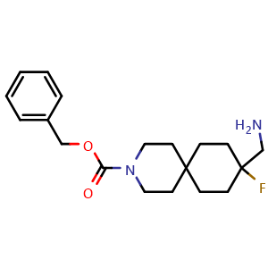 Chemical structure of benzyl 9-(aminomethyl)-9-fluoro-3-azaspiro[5.5]undecane-3-carboxylate , CAS 2920396-21-8, AChemBlock V154090