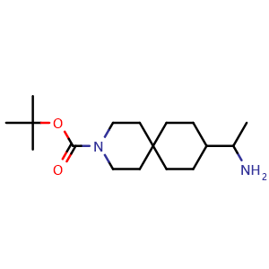 Chemical structure of tert-butyl 9-(1-aminoethyl)-3-azaspiro[5.5]undecane-3-carboxylate , CAS 2920426-91-9, AChemBlock V154115