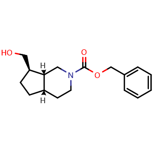 Chemical structure of benzyl (4aS,7R,7aR)-7-(hydroxymethyl)-1,3,4,4a,5,6,7,7a-octahydrocyclopenta[c]pyridine-2-carboxylate , CAS 2920238-91-9, AChemBlock V154206