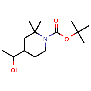 Chemical structure of tert-butyl 4-(1-hydroxyethyl)-2,2-dimethyl-piperidine-1-carboxylate , CAS 2920399-03-5, AChemBlock V154242