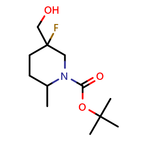 Chemical structure of tert-butyl 5-fluoro-5-(hydroxymethyl)-2-methyl-piperidine-1-carboxylate , CAS 2920428-15-3, AChemBlock V154250