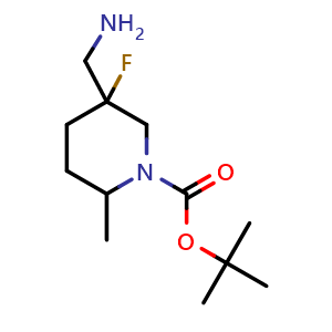 Chemical structure of tert-butyl 5-(aminomethyl)-5-fluoro-2-methyl-piperidine-1-carboxylate , CAS 2920415-04-7, AChemBlock V154251