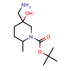 Chemical structure of tert-butyl 5-(aminomethyl)-5-hydroxy-2-methyl-piperidine-1-carboxylate , CAS 1779584-66-5, AChemBlock V154252