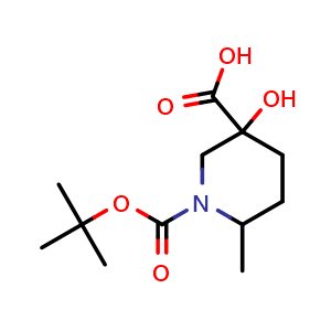 Chemical structure of 1-tert-butoxycarbonyl-3-hydroxy-6-methyl-piperidine-3-carboxylic acid , CAS 2279735-25-8, AChemBlock V154253