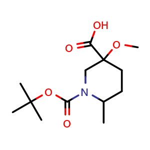 Chemical structure of 1-tert-butoxycarbonyl-3-methoxy-6-methyl-piperidine-3-carboxylic acid , CAS 2279785-05-4, AChemBlock V154255